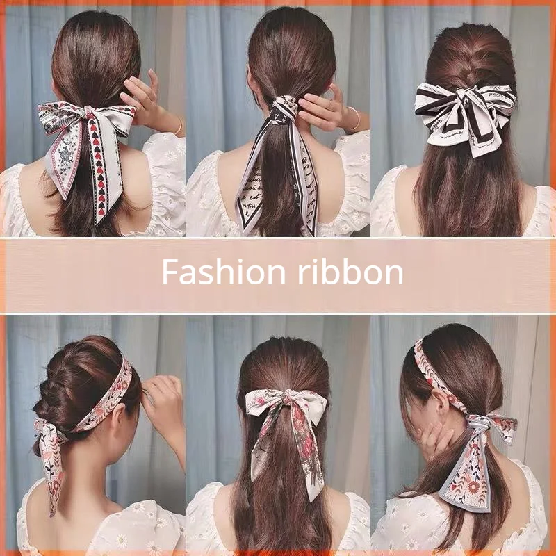 Grace Young Girl Silk Scarf Headdress Bow Long Ribbon Hair Rope Lady Binding Ponytail Hair Accessories Fashion Printing Hairband