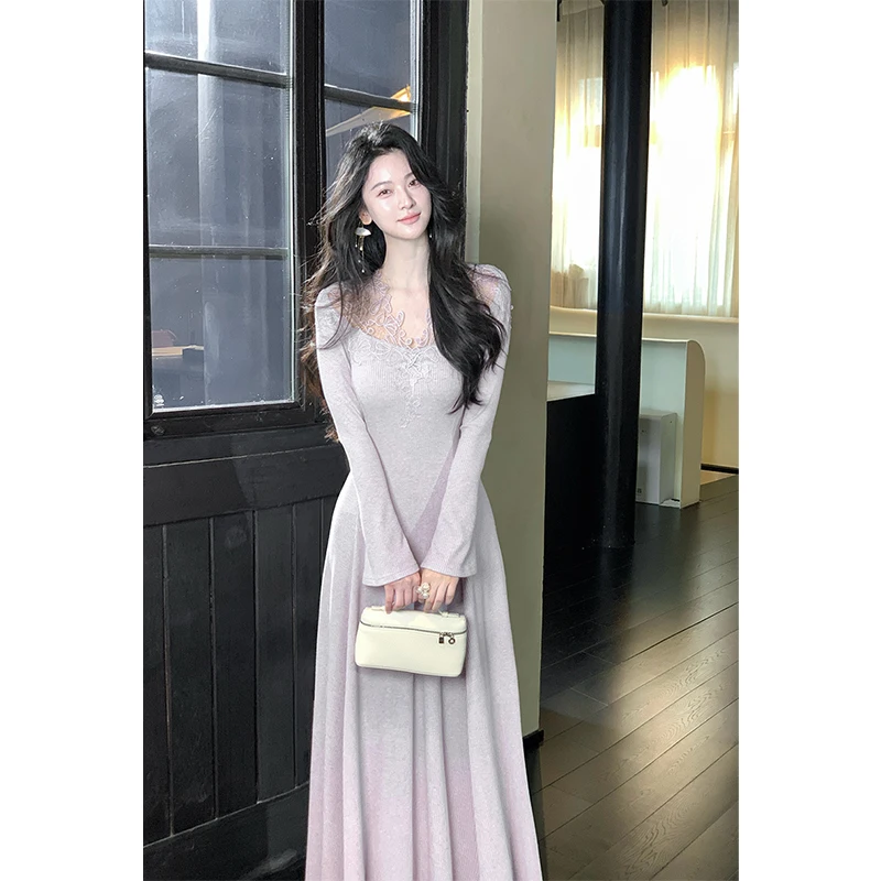 MEXZT Spitze Gestrickte Lange Kleid Frauen Mode Elegante Party Maxi Kleider Koreanische V-ausschnitt Robe Winter Langarm Bodycon Vestidos