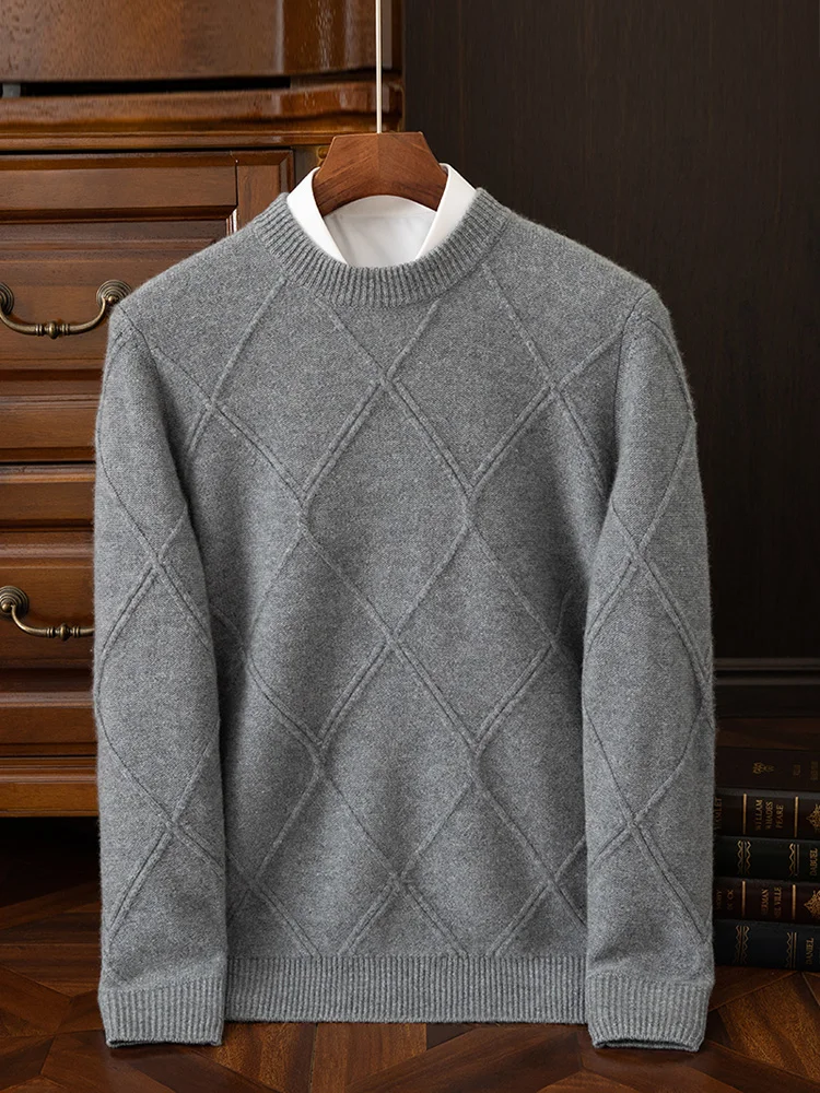 100% ピュアカシミヤセーターメンズラウンドネック厚いセーター冬の新しいニットボトリングシャツ