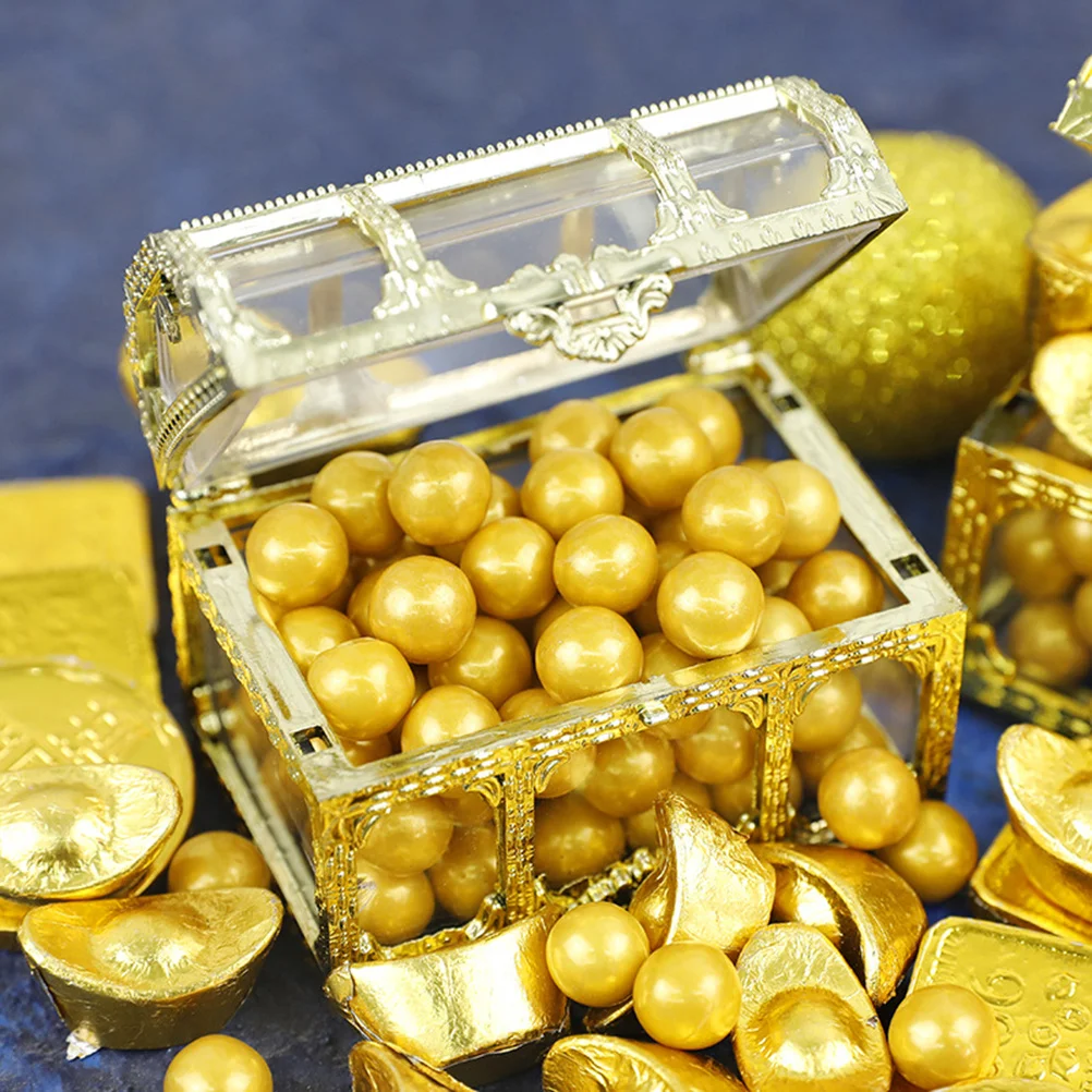 

5Pcs Treasure Box Plastic Cake Toppers Golden Transparent Treasure Chest Birthday Party Decorations Craft Baking Decor Home