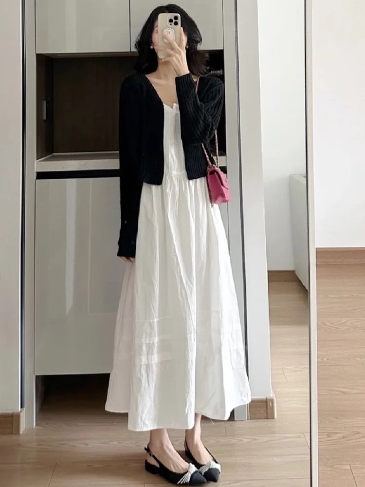 

Plus Size plus Size Autumn Faion Set Bla Open Cardigan White Dr Slimming High Waist Korean Sle Long Sve round Ne Two-Piec...