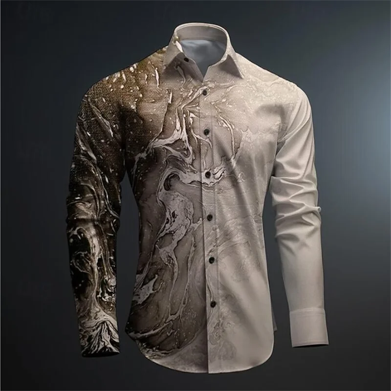 Men's Business Casual 3D Printed Shirt Spring Summer Collar Button Long Sleeve Shirts Street Fashion Printed Men's Clothing