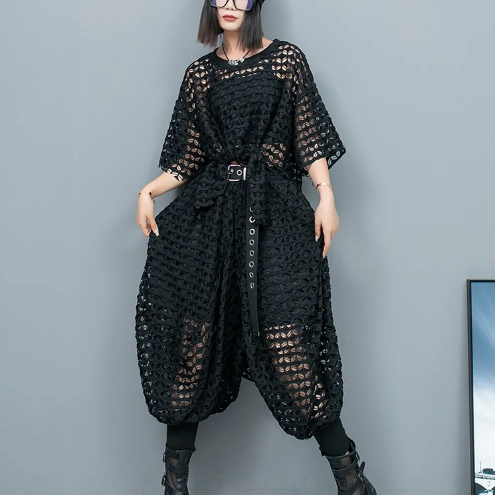 

Trendy Cool Personality Hollowed Out Mesh Short Sleeved Irregular Top + Small Foot Lantern Pants Two-piece Set Women LX886