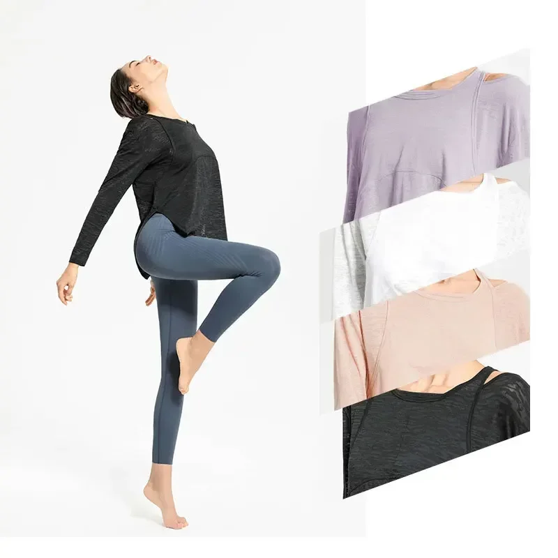 Camisas de Yoga de manga larga para mujer, Camiseta deportiva holgada, Top corto, ropa deportiva para mujer, ropa deportiva para gimnasio, ropa de