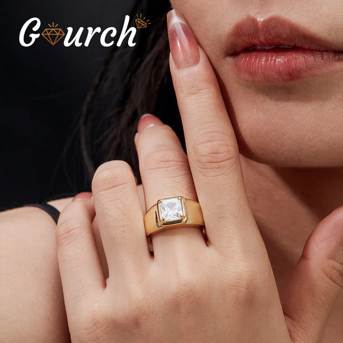 

Gourch 2CT Square Cut Moissanite Ring Hip Hop Fashion Style for Men S925 Sterling Silver Engagement Birthday Gift Band Jewelry