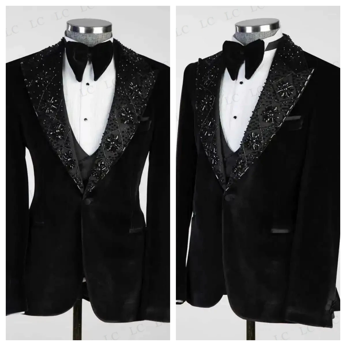 

Daimonds Velvet 3 Pieces Men Suits Blazer Vest Pants Peaked Lapel One Button Slim Formal Prom Wedding Groom Custom Plus Size