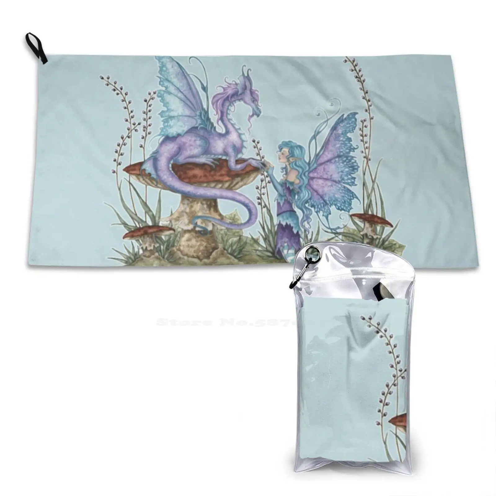 Soft Towel Quick Dry Beach Towel Fairy Dragon Friendship Amy Brown Mushroom Toadstool Purple Blue