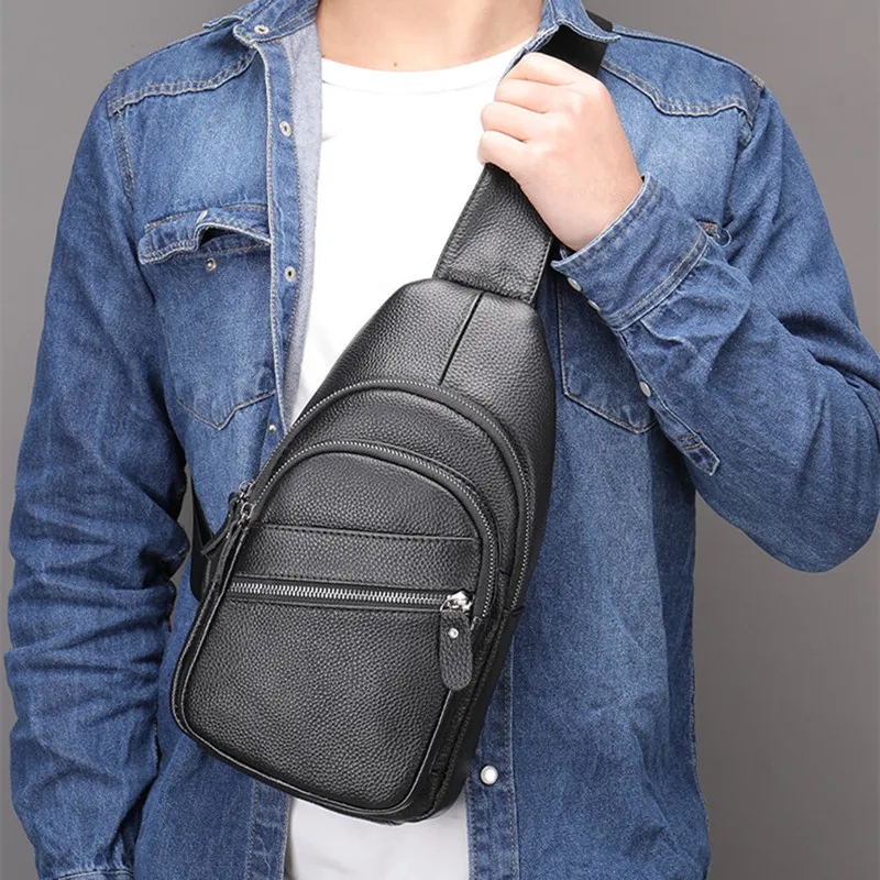 Business Cowhide Men's Chest Bag Genuine Leather Male Shoulder Bag Outdoor Crossbody Bag Sports Messenger Bag Casual Sling Bag