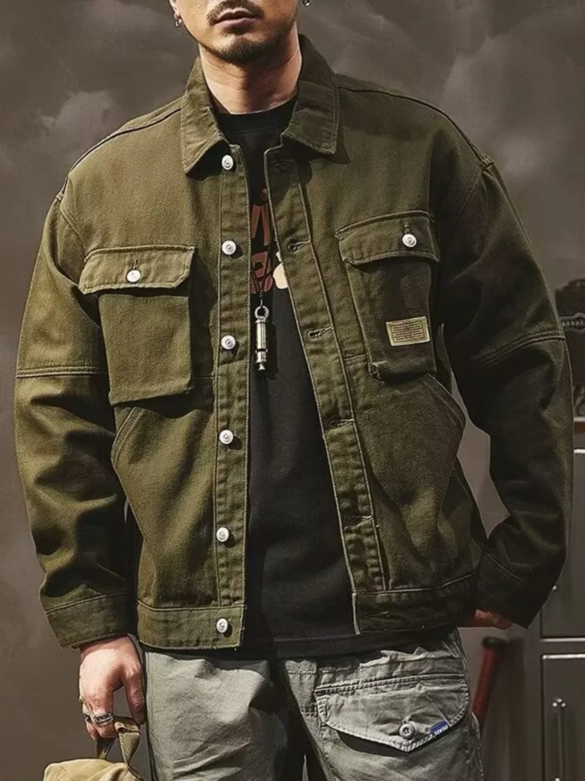 

Мужская джинсовая куртка в американском ретро-стиле с отложным воротником, весенне-осенняя верхняя одежда свободного кроя с множеством карманов, рабочая одежда, модный бренд