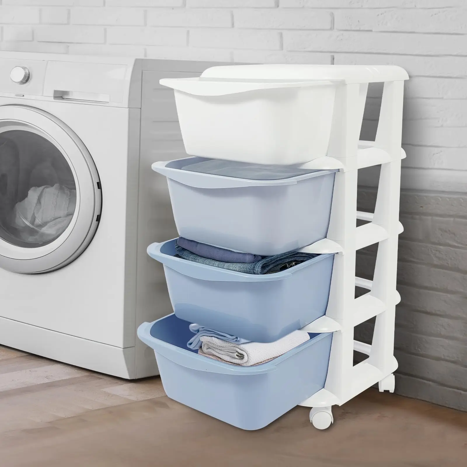 4 Tier Rolling Storage Drawer Cart, Plastic Storage Trolley with Wheels 4 Drawer Organizer Bins Utility Cart for Living Room Bat