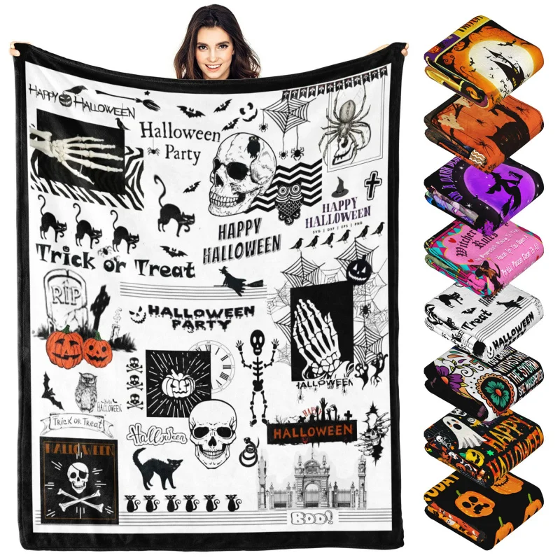 

Halloween throw blanket gifts for adults kids skull black cats soft flannel blanked for bed couch decorative