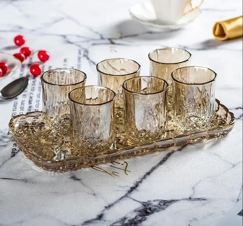 

Translucent Glass Water Cup 6-piece Set with Tray Milk Mug Juice Cup Home Afternoon Tea Cup Decorative Glass Mug Teaware Sets