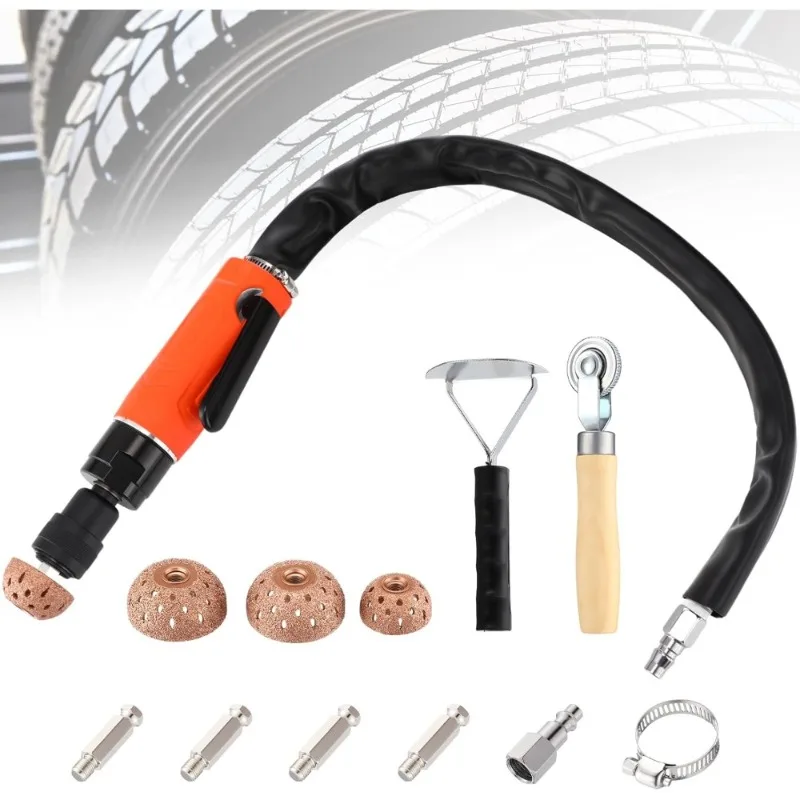 

Tire Repair Kit with Low Speed 2500rpm Air Buffer Inner Liner Scrapper Patch Roller and 3pcs Tungsten Steel Buffing Wheels