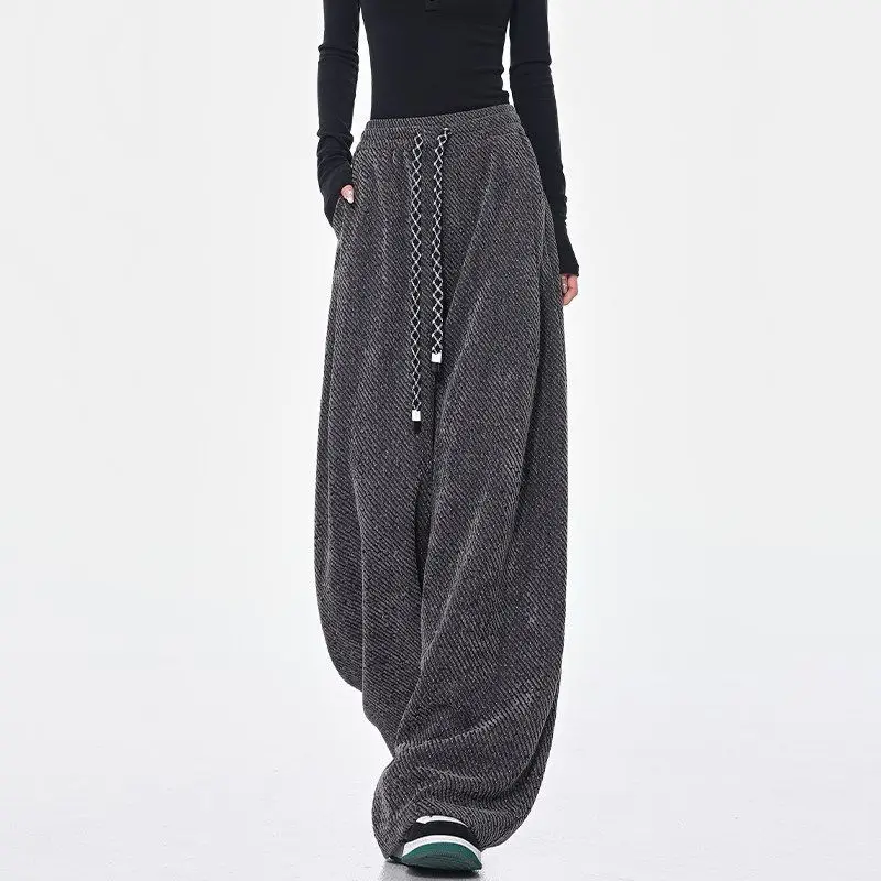 Womens Twill Fleece Lined Wide Leg Pants Drawstring High Waist Loose Draped Warm Casual Trousers Autumn Winter