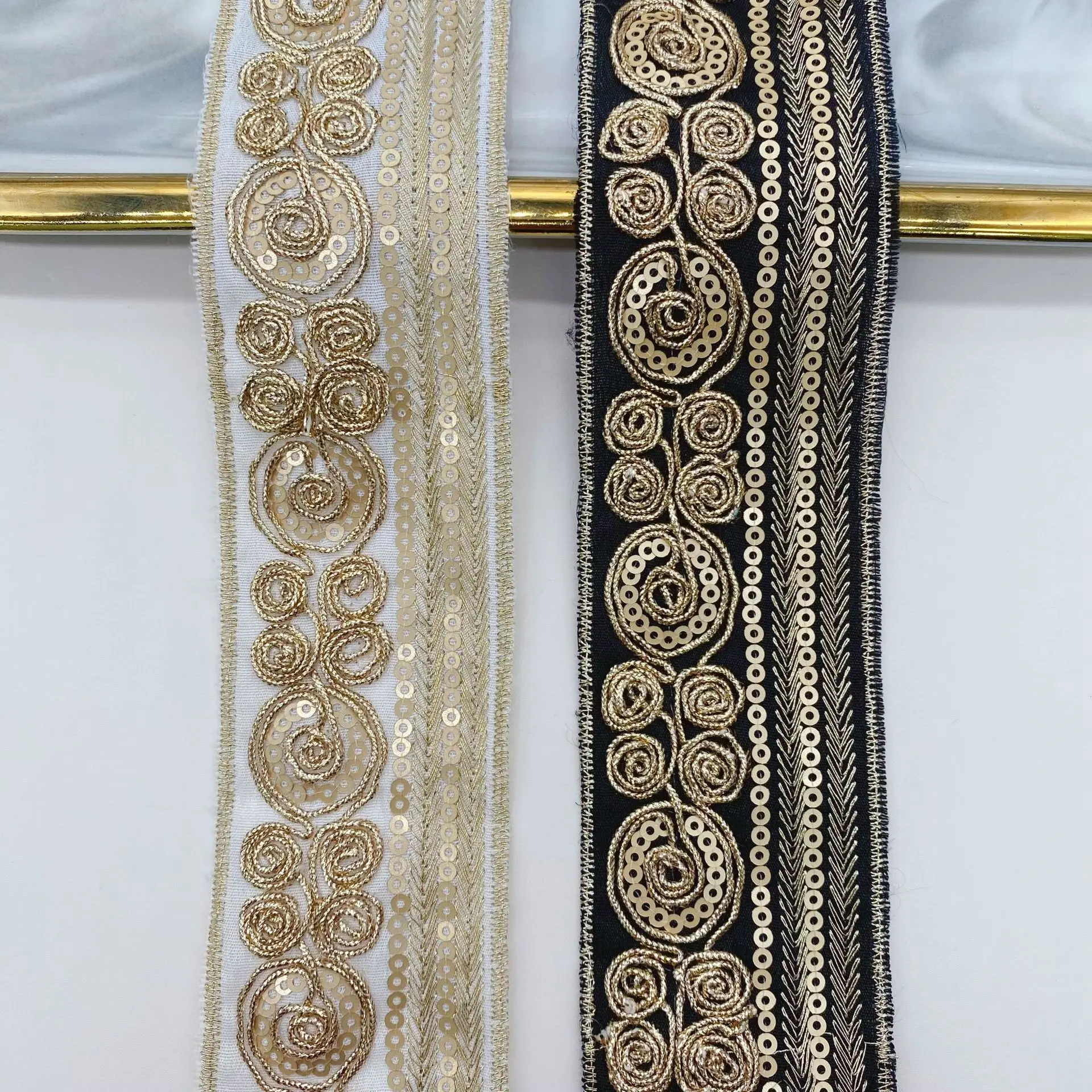 2y Retro Coffee Black Trim High End Golden Embroidered Webbing Indian Lace Sewing Ribbons Clothing Decorative Sequins Lace Trim