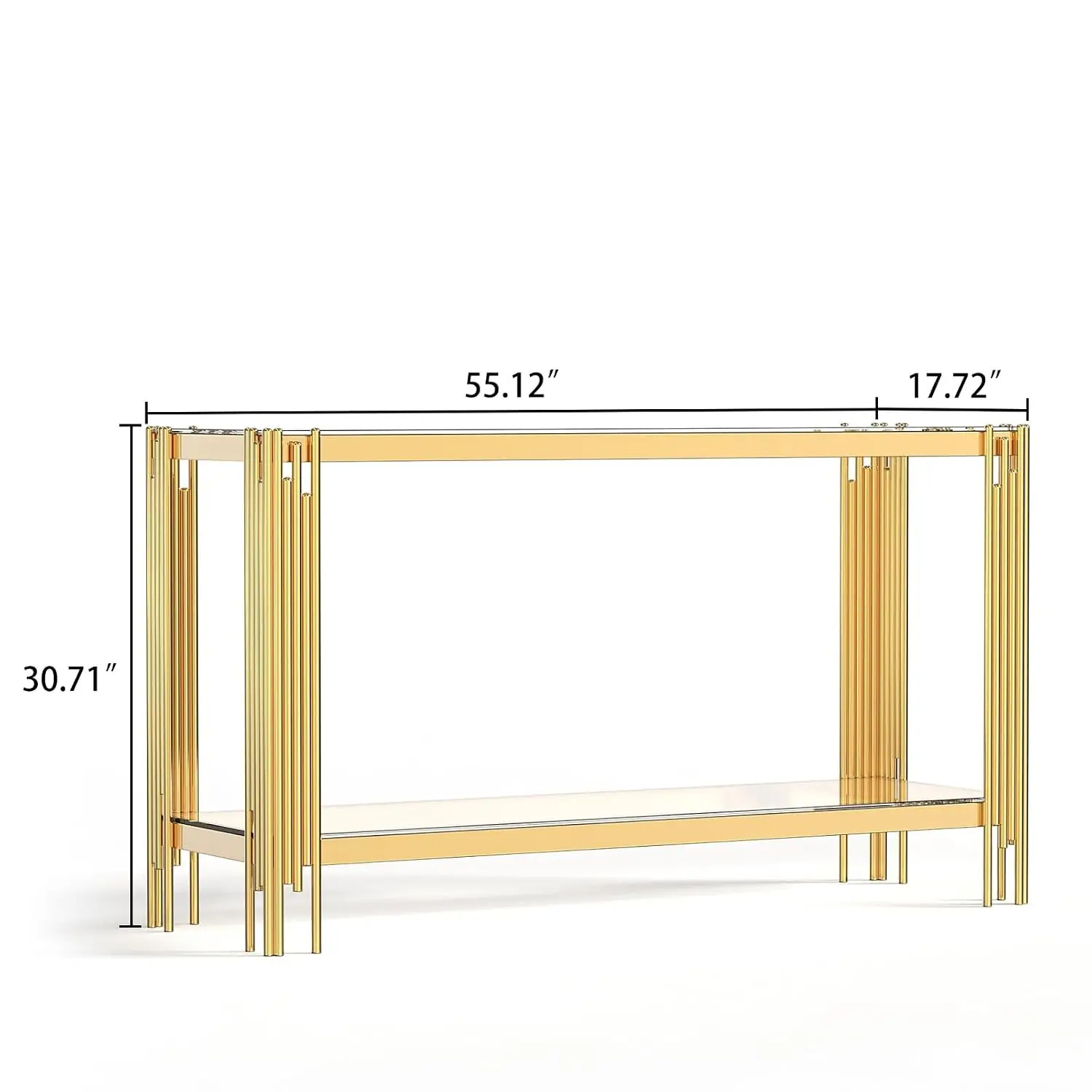55In Glass Console Table with Golden Stainless Steel Frame, Narrow Hallway Table with 2 Storage Shelf, Gold, Customized