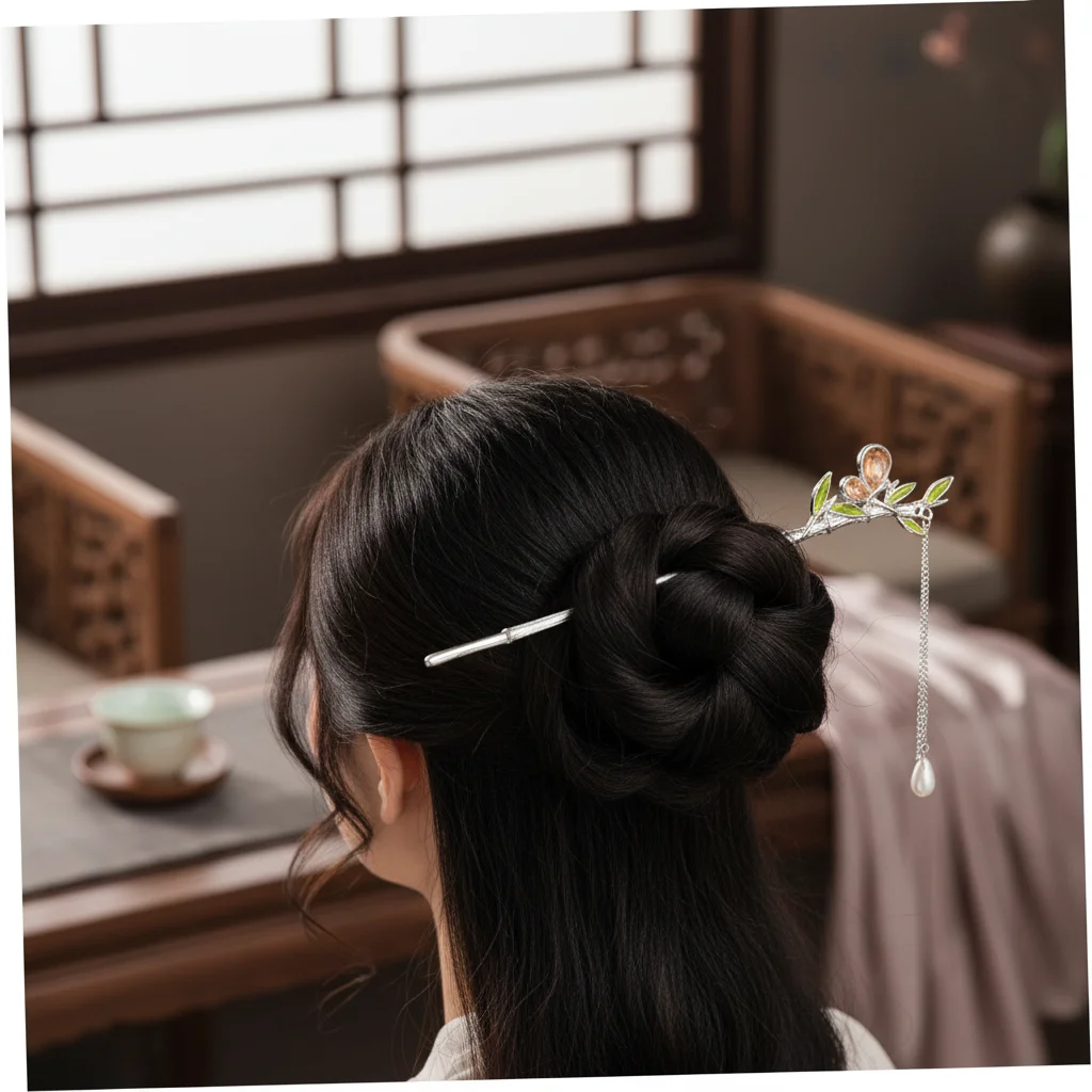 Green Bamboo Cat-Eye Tassel Hairpin For Hanfu And Ancient Style Dressing