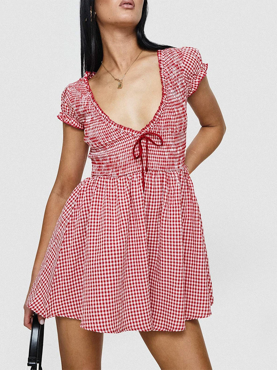 Women Y2k Gingham Romper Dress Women's Summer Short Sleeve Deep V Neck Smocked Waist Slim Plaid Dress Playsuit Vestidos