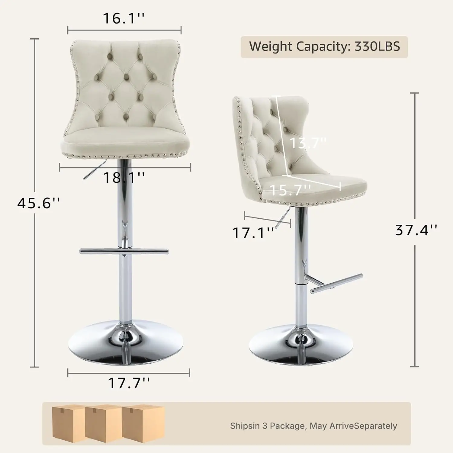 Velvet Bar Stools 6 Beige Swivel Adjustable Counter Height Back Tufted Kitchen Island Nailhead Silver Base, Customized