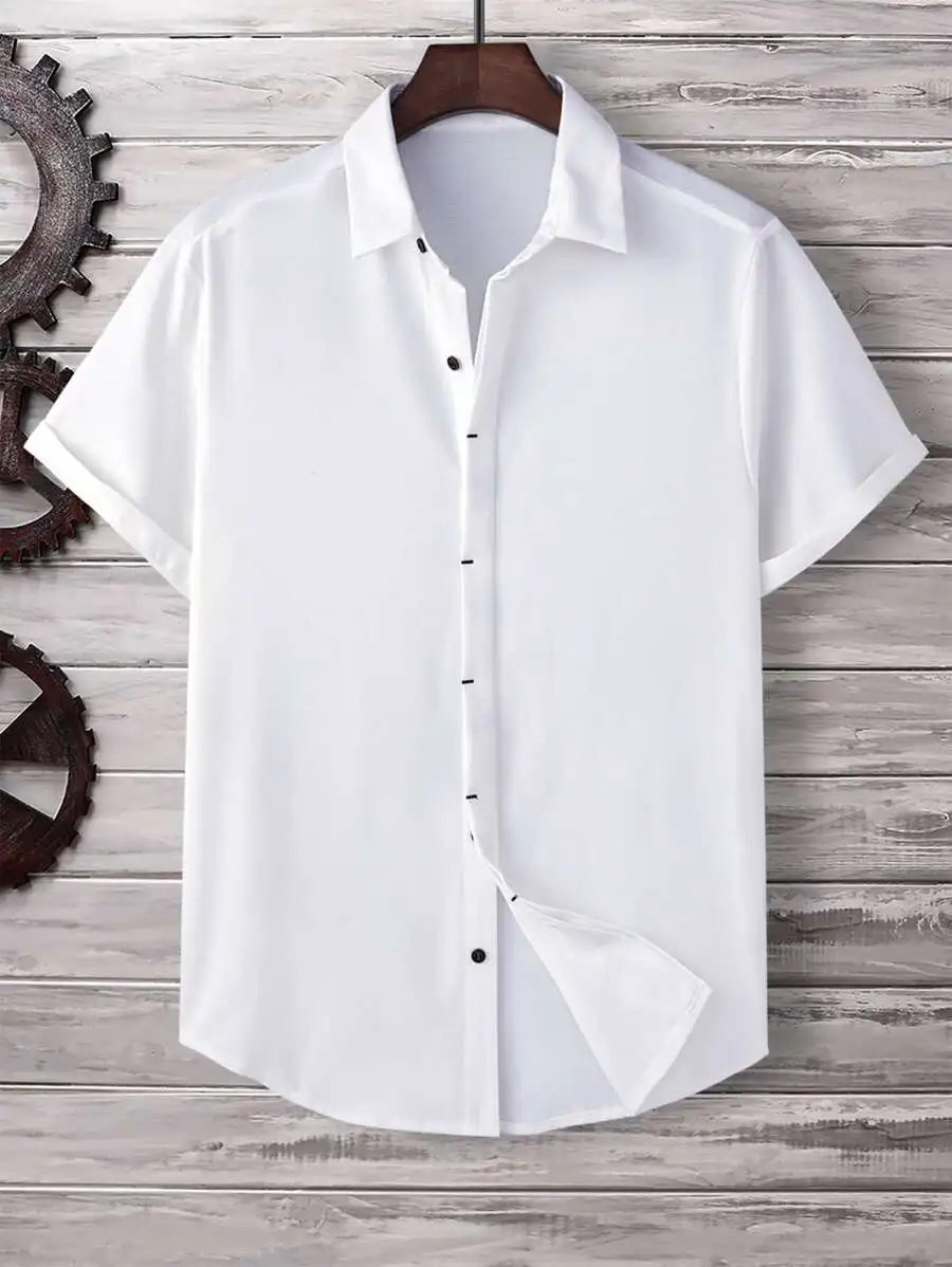 

Men's White Short Sleeve Button-Up Shirt with Curved Hem