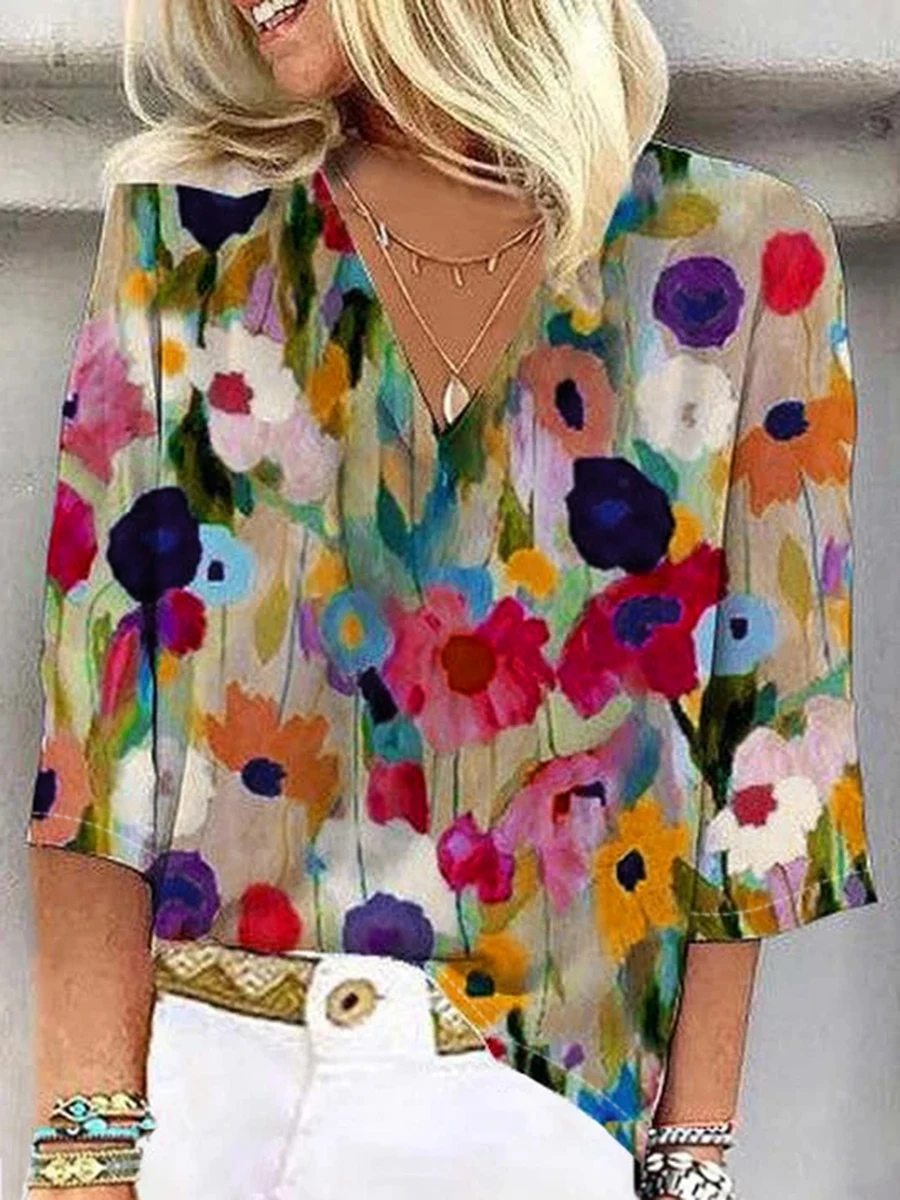 Damen-Bluse mit Blumenmuster, V-Ausschnitt, lässige, halbärmelige, lockere Hemden, Frühling, Sommer, Vintage-Boho-Tops – Detail 1