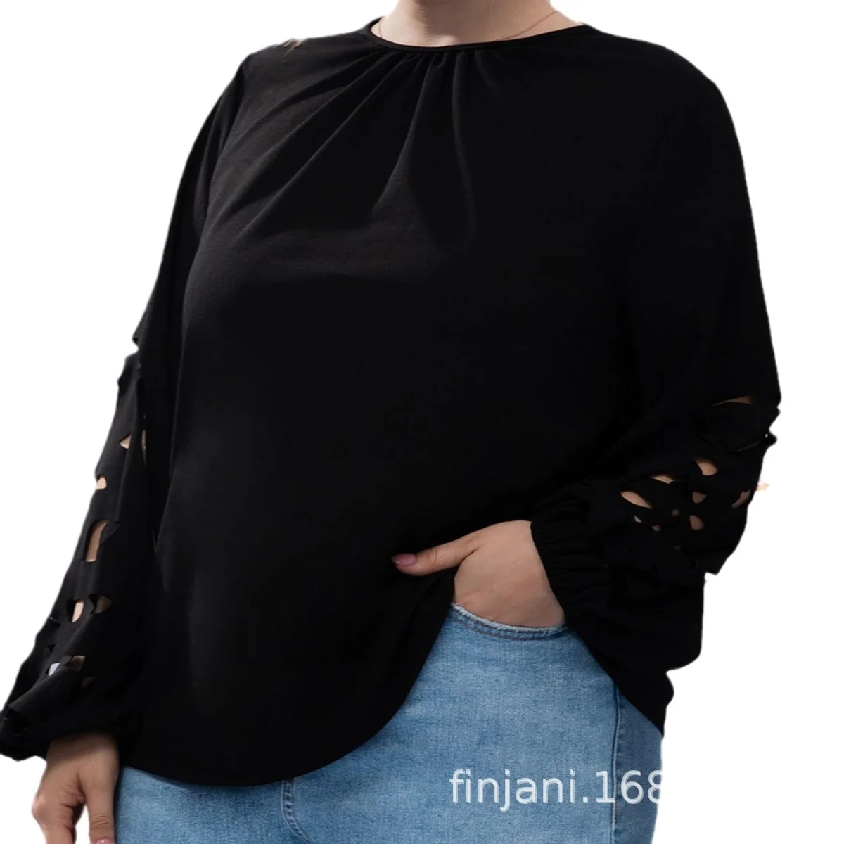 Plus Size Frauen T-Shirt Mode hohle Langarm Plissee Rundhals-Shirt Herbst neue große lässige weibliche einfarbige Tops