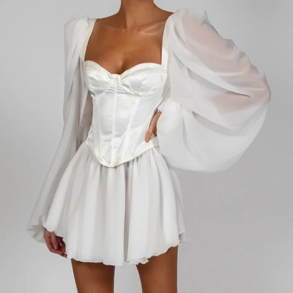 

White Summer Women Lantern Sleeve Chic Corset Chiffon Dress Square Neck OL Elegant Outfit Sexy Party Mini Dress Undefined