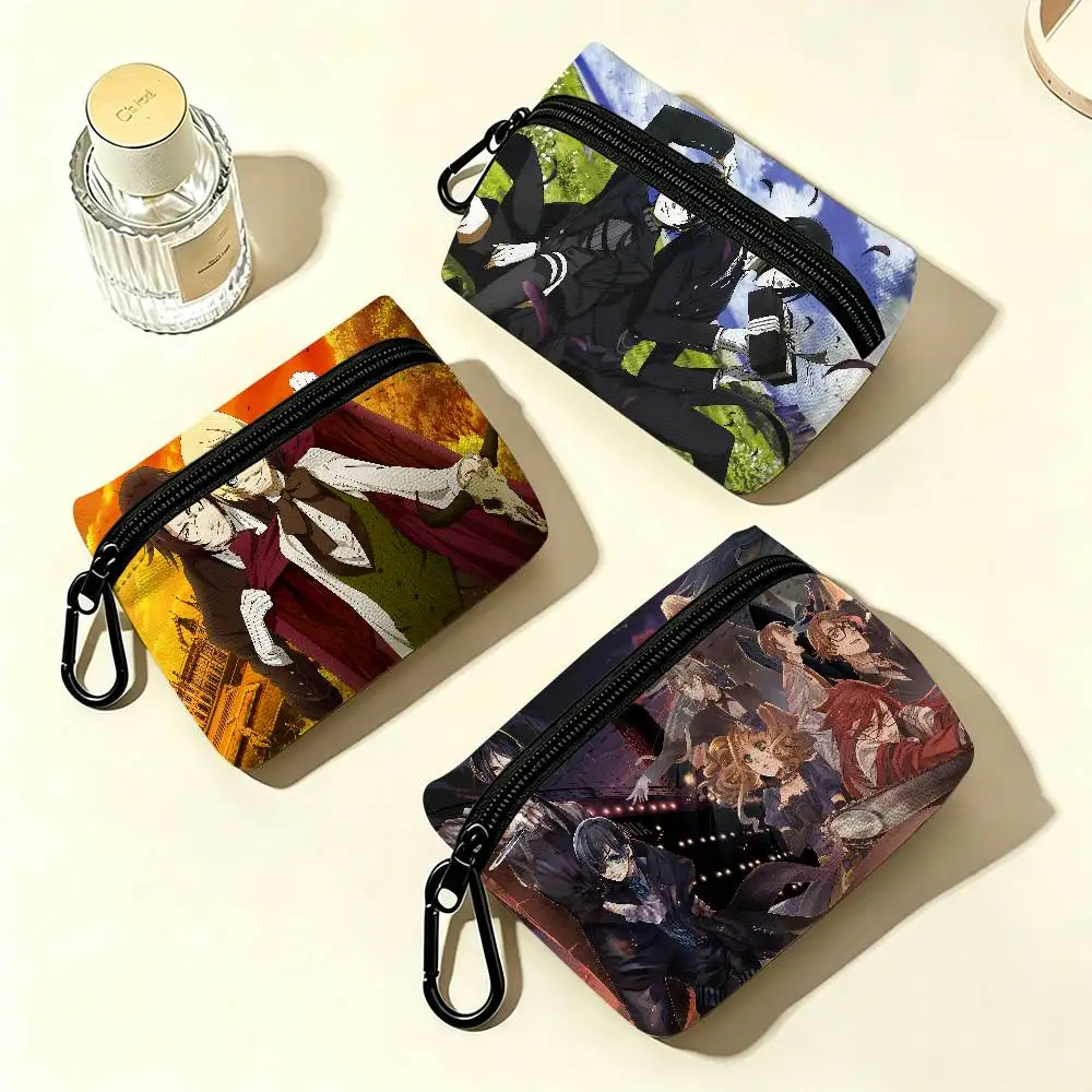 Anime Black Butler Mini Oxford Cloth Coin Purse With Carabiner Hook Portable Key Card Wallet Small Zipper Storage Pouch