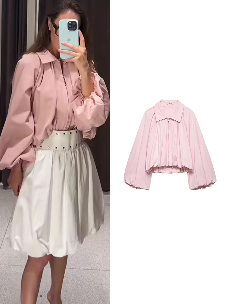 

Women Fashion Short Coat Pink Lapel Balloon Sleeve Crop Bomber Coat Casual Loose Pleated Decoration Lady Zipper Street Jacket