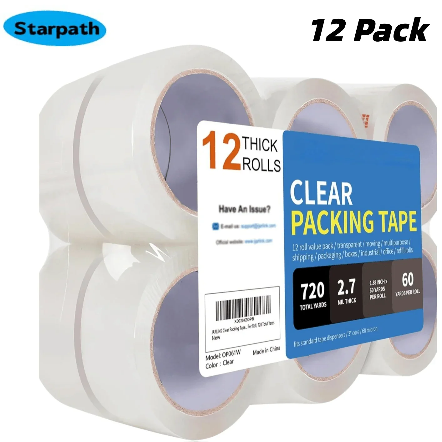 PackingTape, 12 Rolls 2.7mil Thick 1.88 Inch Wide Packaging Tape, MovingSealingTape for Home Office Dormitory School