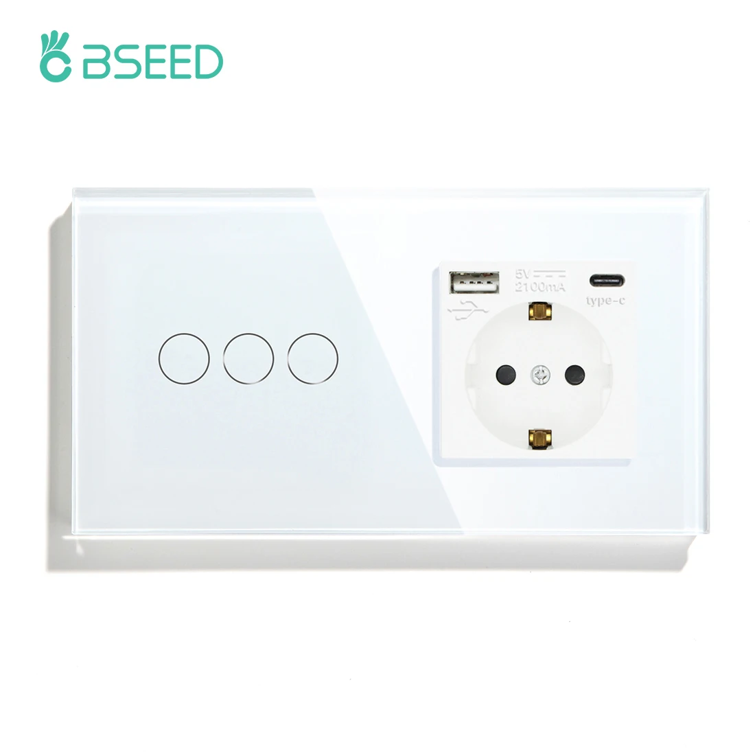 BSEED Touch-Schalter 1/2/3-fach 1-Wege EU-Standard Wandsteckdose mit USB Typ-C Elektrostecker Kristallglas-Panel 157mm 228mm