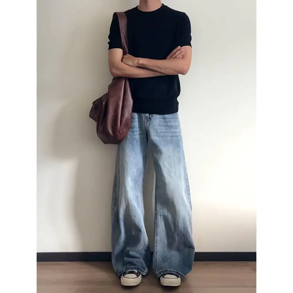 

Mature Men's Light Blue Curved Blade Jeans Vintage Straight Leg Micro Flared Pants Autumn American Sle Cleanfit Low Waist