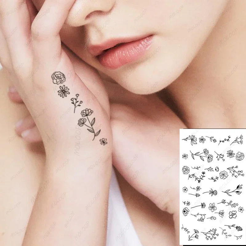 Tatuagem temporária adesivos para mulheres, flores pretas, geometria, totem, padrão dos desenhos animados, tatuagens falsas, impermeável, tamanho