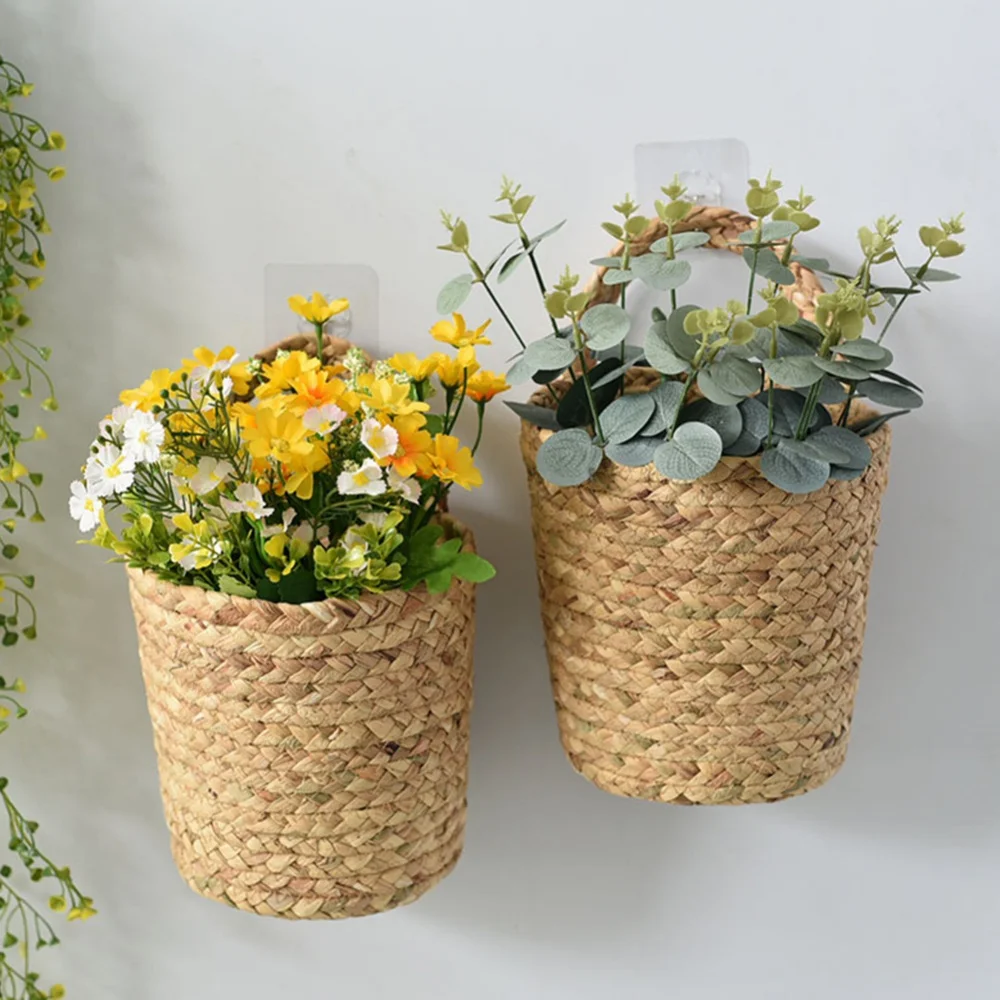 Natural Wall Hanging Flower Basket Farmhouse Decor Seagrass Woven Storage Organizer Planter Basket Rustic Wall Storage Rack