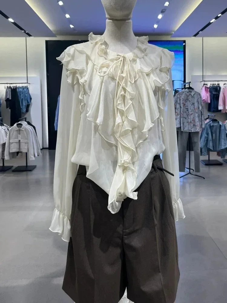 ETJ 2025  Spring New women's Sweet gentle fashion ruffled layered sexy translucent long-sleeved lace-up shirt