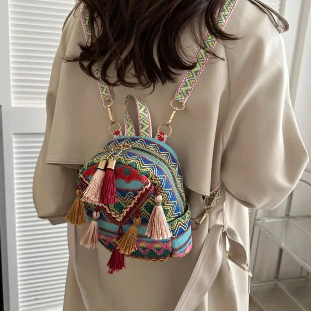 Embroidery Ethnic Style Tassel Backpack Stripe Small School Bag Canvas Tassel Shoulder Bag Large Capacity Outdoor Travel Bag