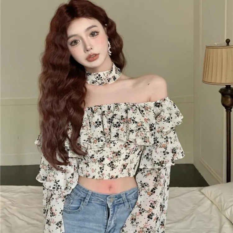 Korejepo French Ruffle Edge Floral Shirt Women 2024 New Spring One Word Shoulder Chiffon Shirts Long Sleeved Short Top Blouse