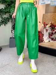 Autumn Winter Genuine Leather Pants Women Fashion Elastic Waist Harem Pants High Waist Loose Sheepskin Ankle Length Pants Y3099