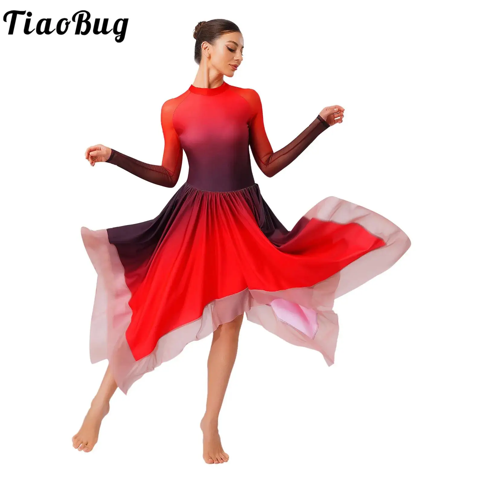 

Women Gradient Lyrical Ballet Dance Dress Mesh Long Sleeve Irregular Hem Leotard Dress for Figure Skating Modern Dance Costumes