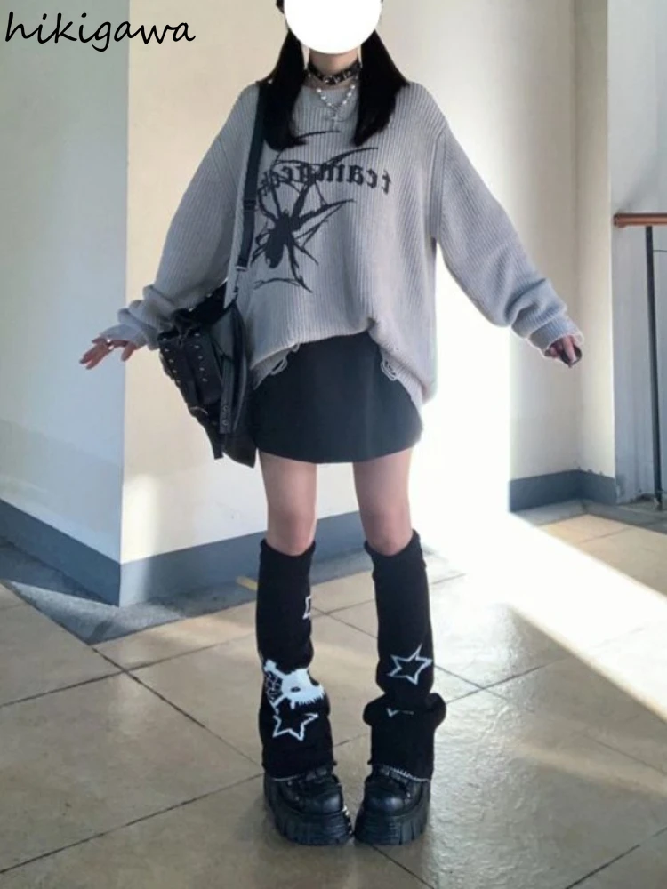 

Y2K Women Leg Warmers Japanese Lolita Autumn Winter Warm Skull Lolita Black Knee Warmers Long Socks JK Knitted Girls Leg Warmers