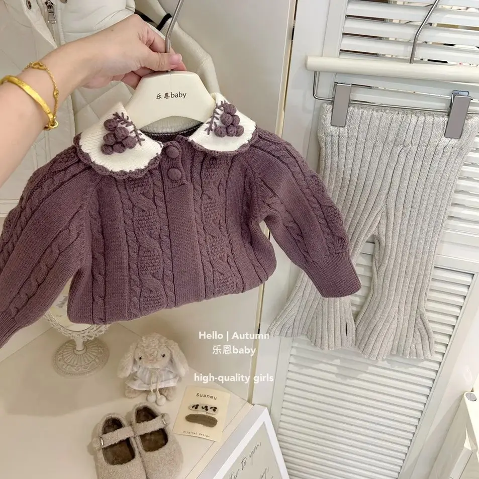 Girl Two Piece Set Autumn Winter 2024 New Purple Grape Sweater Thickened Knitted Pants Casual Simple Fashion Sweet Korean Cute