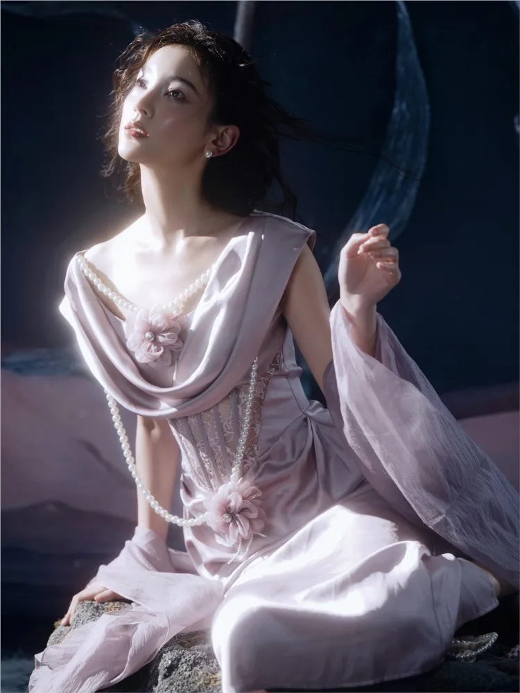 Purple design sense niche satin light morning robe toasting dress