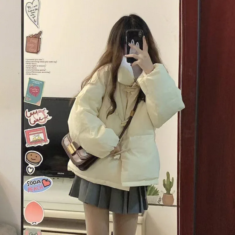 Parkas con diseño de hebilla de cuerno para mujer, abrigos de algodón cálidos y gruesos holgados y elegantes con cuello levantado para estudiantes, moda Ulzzang