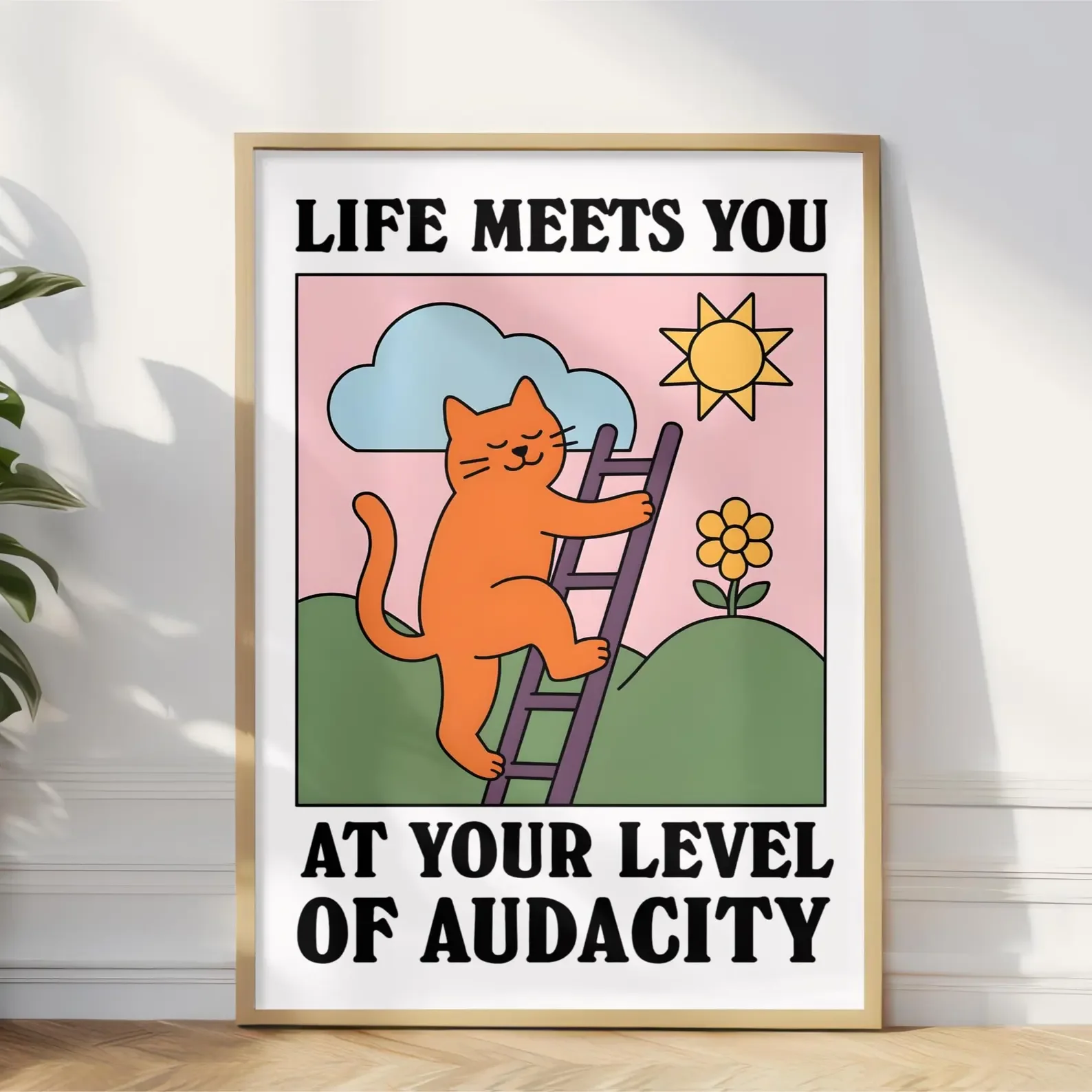 Lustiges Audacious Cat Poster: Motivierender Retro-Wandkunstdruck mit Illustration, Schlafzimmer-Wandkunst für Vintage-Stil