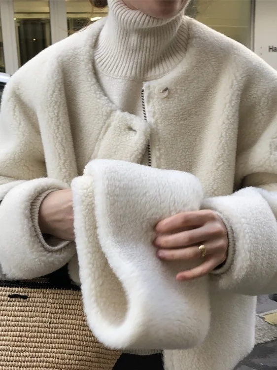 معطف فرو خروف دافئ رائع للنساء طقم ملابس شتوية أنيقة مع وشاح كوري فضفاض مناسب بسحاب للإغلاق #3