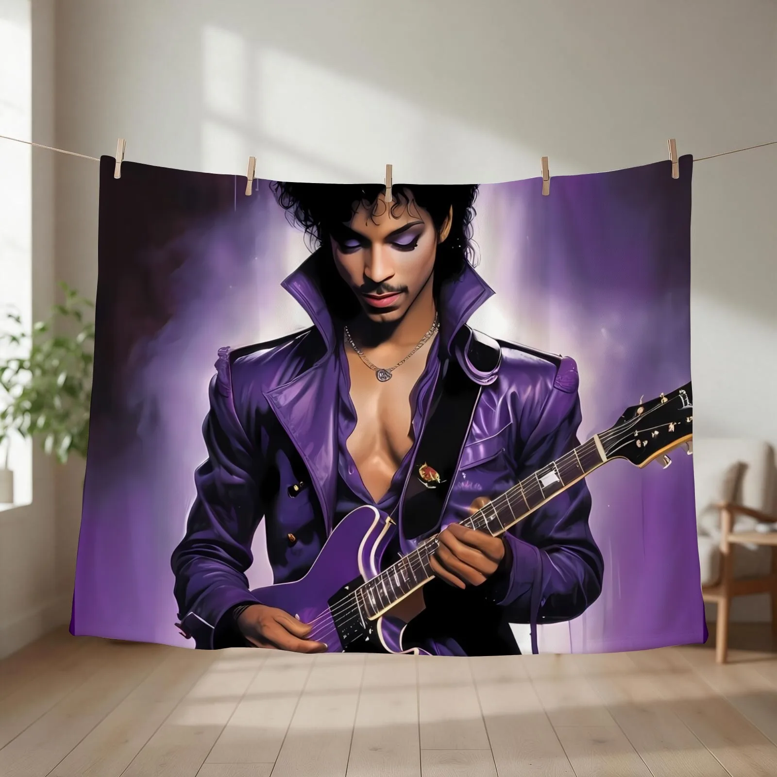 Prince playing Guitar under a Purple Light Throw Blanket
