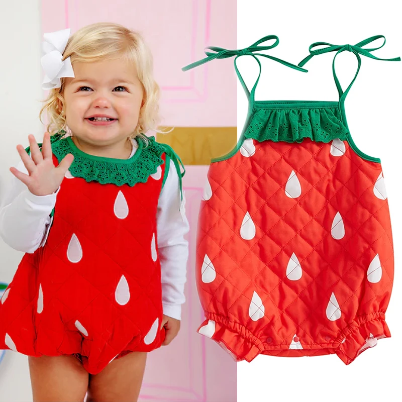 

Унисекс для маленьких девочек, нарядное платье с клубникой, костюм с фруктовым принтом, детский комбинезон с красной клубникой для малышей, праздничный костюм для косплея