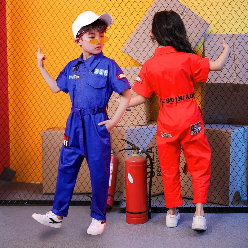 Kids Cool Short Sleeve Hip Hop Clothing orange Jumpsuit Overalls for Girls Boys Jazz Dance Costume Ballroom Dancing Clothes