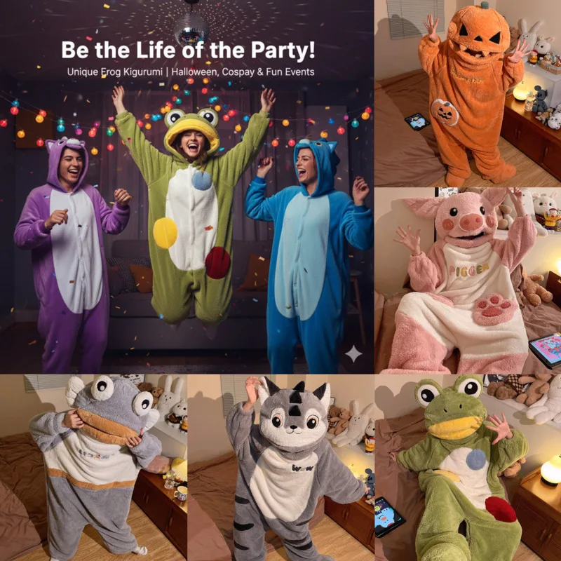 

3D Ugly Frog Conjoined Pajama Animal Coral Velvet Thick Velvet Autumn Winter Ins Funny Internet Celebrity Frog Plush Home Set