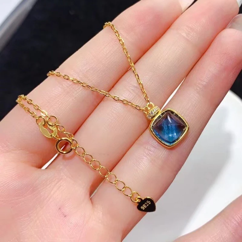 

London Blue Topaz Pendant 925 Silver Gemstone Jewelry 8mm 2ct Natural Topaz Jewelry with 18K Gold Plating